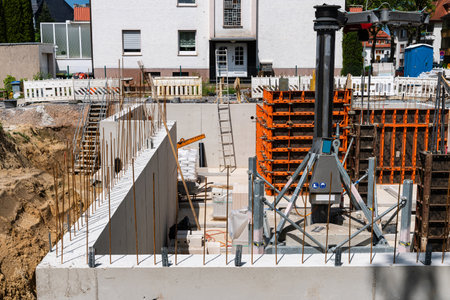 A small construction site with the foundation of a house on it and lifting mechanisms.の写真素材