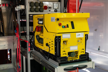 Bright yellow control panel for water supply and main appliances of a fire truck. Close up.