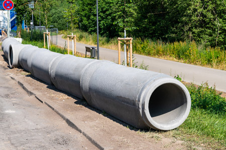 Gray concrete pipes for plumbing and drainage lying on the edge of a construction site.