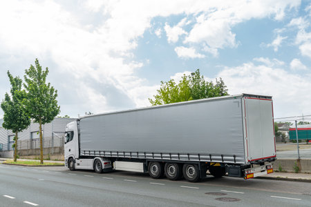 A large light trailer stands on the side of the city road.