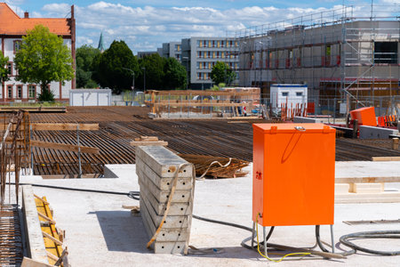 A construction site with an orange electrical box, rebar, and concrete.