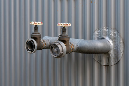 Two metal valves are mounted on a pipe structure against a gray corrugated wall, showcasing a simple...