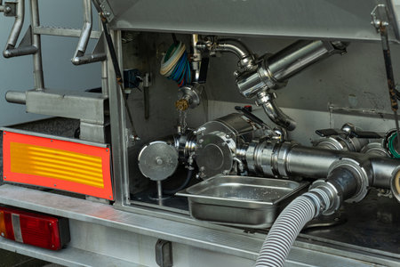 A detailed close-up of the valve and piping system on a tanker truck, used for controlling and...