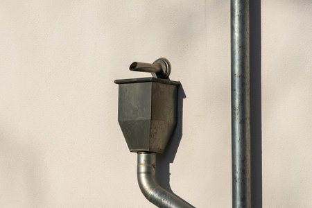 A vintage metal downspout is fixed to a wall, designed to direct rainwater. The geometric shape...