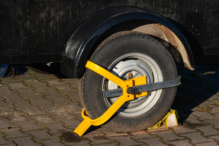 A bright yellow wheel clamp is securely fastened around the tire of a parked vehicle on a...