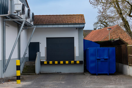 A loading area features a closed black roller door and a blue dumpster positioned nearby. The...