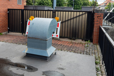 A metallic ventilation structure is positioned in a fenced section of an urban area. Surrounding features include brick walls, barriers, and equipment. The setting appears functional and industrial.の写真素材