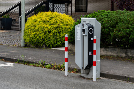 Electric vehicle charging station on the roadway, marked by red and white poles for safety. Nearby, a vibrant green shrub adds a touch of nature to the urban area during a calm day.の写真素材
