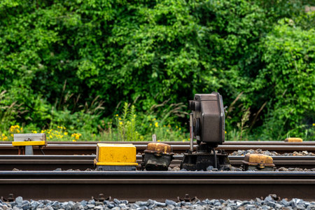 A view of a railroad track switch mechanism showing yellow and black components alongside gravel tracks. Lush greenery serves as a backdrop, indicating a natural setting on a sunny day.の写真素材