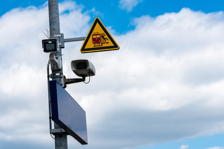 A caution sign signals oncoming trains, while a security camera and speaker are mounted on a pole. The sky above is filled with clouds, contributing to the atmosphere of vigilance.の写真素材
