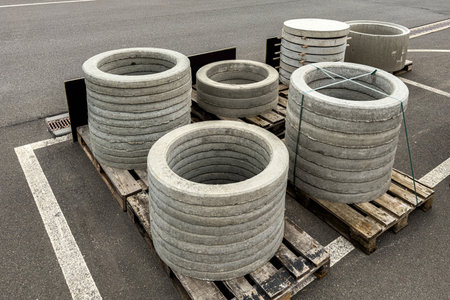 Several concrete cylinders are stacked on wooden pallets in a parking area. The cylindrical shapes...