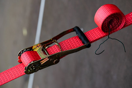 A bright red ratchet strap is shown being used to secure items tightly. The strap is rolled on one side while the metal ratchet mechanism holds it firmly in place, ensuring safety.の写真素材