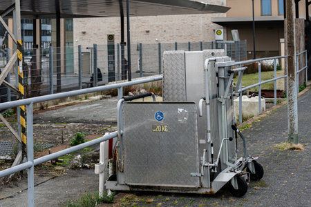 A cart is parked on the pavement. Grass grows through cracks in the pavement. The area looks...