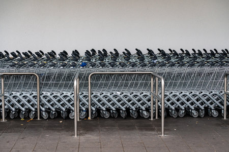 Neatly lined shopping carts are positioned in a row outside a retail store. The metal carts are...
