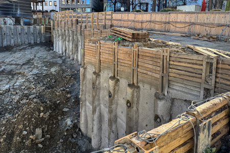 The scene captures a construction site featuring a deep excavation area with wooden and concrete retaining walls. Construction materials and equipment are present, indicating ongoing work.の写真素材