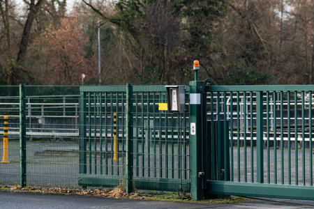 A green security gate is closed at the entrance of a facility. The gate has a control box and a...