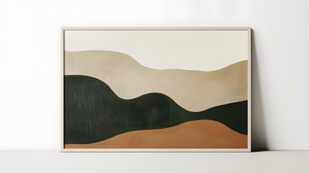 An abstract landscape painting with flowing hills on a framed canvas against a simple white background wall..の素材
