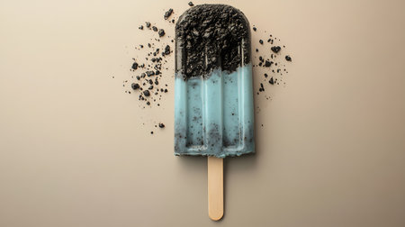 An icy blue popsicle dipped in crumbled chocolate cookies rests horizontally on a simple neutral background..の写真素材
