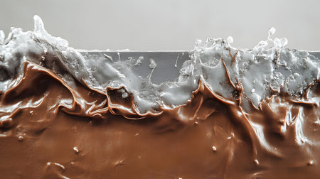 Delicious melted chocolate layer colliding with a wave of refreshing splashing water in dynamic motion now..の写真素材