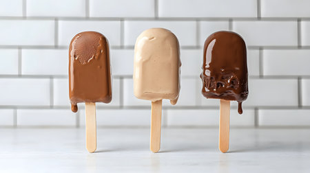 Three delicious assorted flavored ice cream popsicles melt slightly on a white tiled counter backdrop today..の写真素材