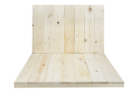 Wooden shelves isolated on white backgroundの写真素材