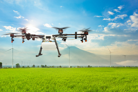 Agriculture drone flying on the green rice fieldの写真素材