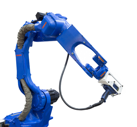 Automated robotic arm with 3D scanner in automotive industry isolated on white background with clipping pathの写真素材