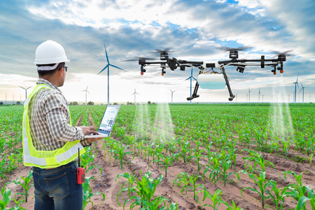 Technician farmer use wifi computer control agriculture drone fly to sprayed fertilizer on the corn fieldsの写真素材