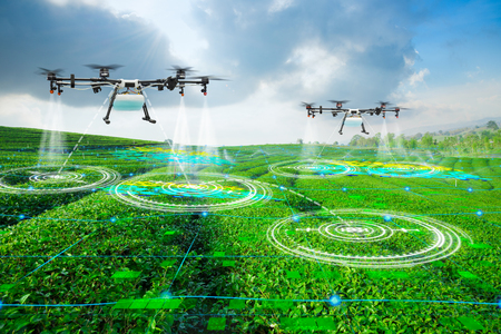 Agriculture drone scanning area to sprayed fertilizer on green tea fields, Technology smart farm 4.0 conceptの写真素材
