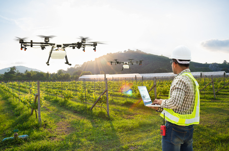 Technician farmer use wifi computer control agriculture drone fly to sprayed fertilizer on grape field, Smart farm conceptの写真素材