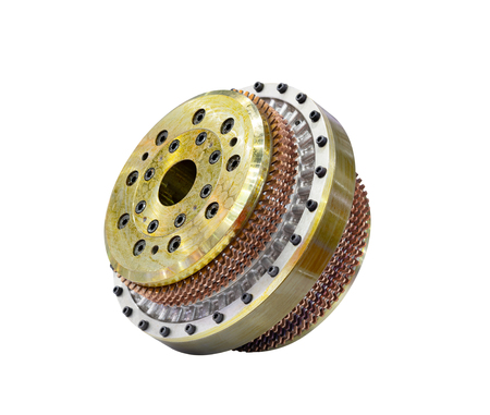 Automobile car gearbox with toothed wheels isolated on white backgroundの写真素材