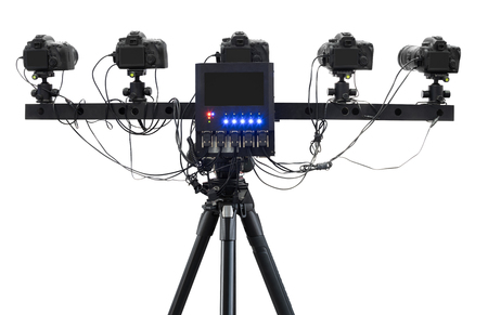 360 degree camera with monitor on tripod isolated on white backgroundの写真素材