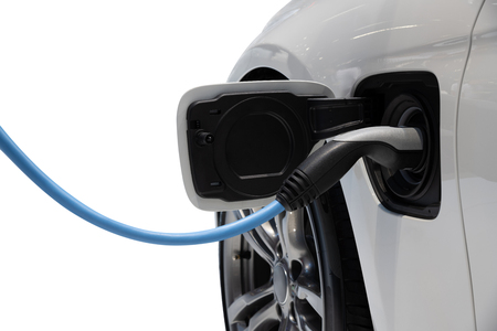 Electric vehicle charging isolated on white backgroundの写真素材
