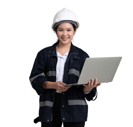 Young asian female engineer with laptop computer isolated on white background with clipping pathの写真素材