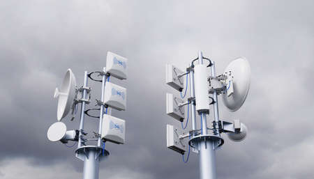 Telecommunication tower with 5G cellular network antenna against stormy sky with clouds, 3d renderingの写真素材