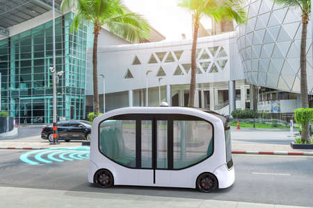 Autonomous electric shuttle bus self driving on street, Smart vehicle conceptの写真素材
