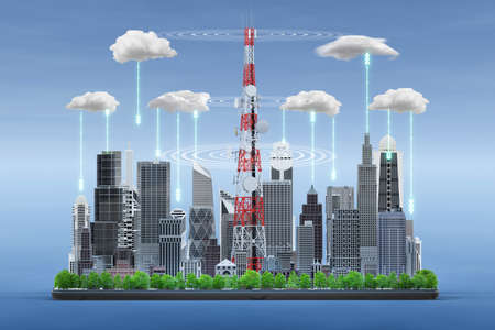 Smart city on digital tablet with 5G telecommunication tower antenna, Technology storage cloud big data concept, 3d renderの写真素材