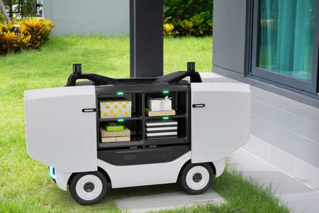 Autonomous robots deliver packaging to customers, Smart artificial intelligence technology conceptの写真素材