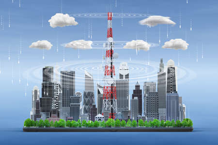 Smart city on digital tablet with 5G telecommunication tower antenna, Technology storage cloud big data concept, 3d renderの写真素材