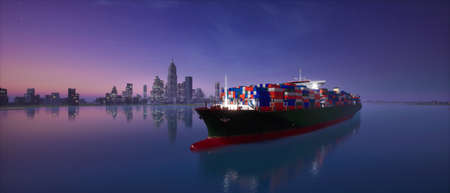 Container cargo ship transport across city at night scene, 3d renderの写真素材