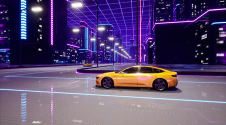 Metaverse city with transport car, 3d renderの写真素材