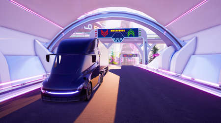 Truck transport in metaverse city. Metaverse concepts, 3d renderの写真素材