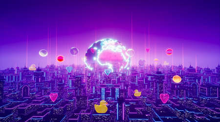 Metaverse city with item concept. 3d renderの写真素材