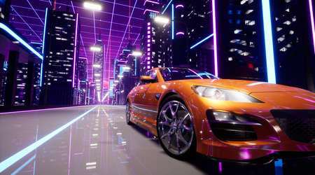 Future sport car in neon city, Metaverse and cyberpunk concept, 3d renderの写真素材
