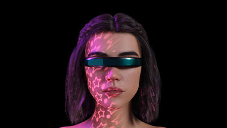 Female avatar wearing VR glasses in metaverse virtual world, 3d renderの写真素材