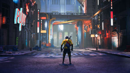 Cyberpunk street with character, 3d renderの写真素材