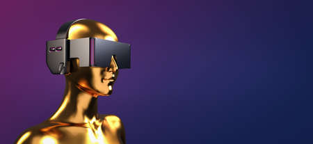 Golden statue female with virtual reality glasses. metaverse concept, 3d renderの写真素材