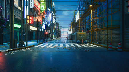 Cyberpunk street with copyspace for add character, 3d renderの写真素材