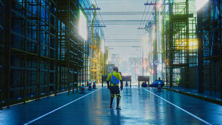 Cyberpunk street with character, 3d renderの写真素材