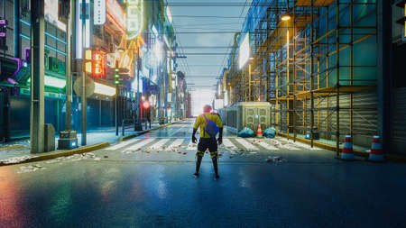 Cyberpunk street with character, 3d renderの写真素材
